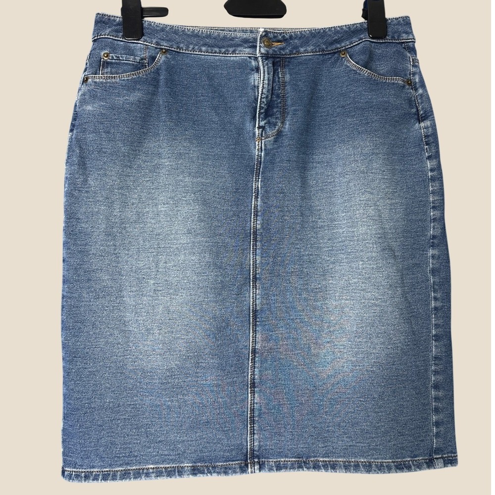 Womens Dark Wash Denim Midi Skirt Sz 12 Cotton Americana Teacher Classic Country